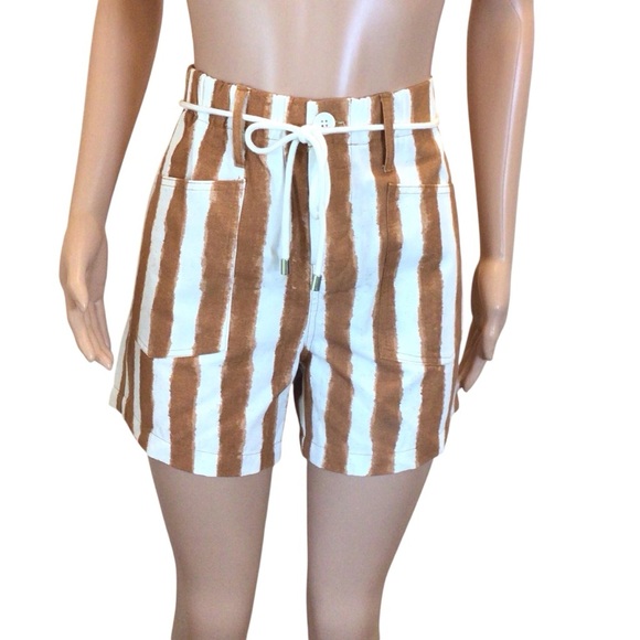 Easel Los Angeles Women’s Striped High Rise Shorts Brown White Tie Belt Medium - Picture 3 of 7